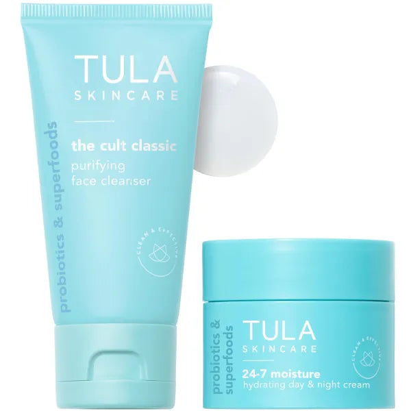 TULA Skincare Petite Treats - Includes Travel Sized 24-7 Moisture Hydrating Day & Night Cream and Cult Classic Purifying Face Cleanser, 2-Piece Holiday Set