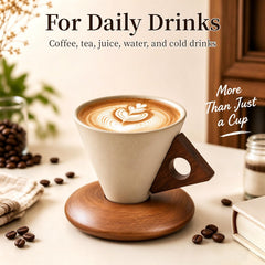 EWCEFIC Retro ceramic coffee mug, Creative Cone coffee cup set Unique Ceramic Coffee Tea Cups wood handle and coaster - Suitable for home, restaurant, party and office use 8.45floz