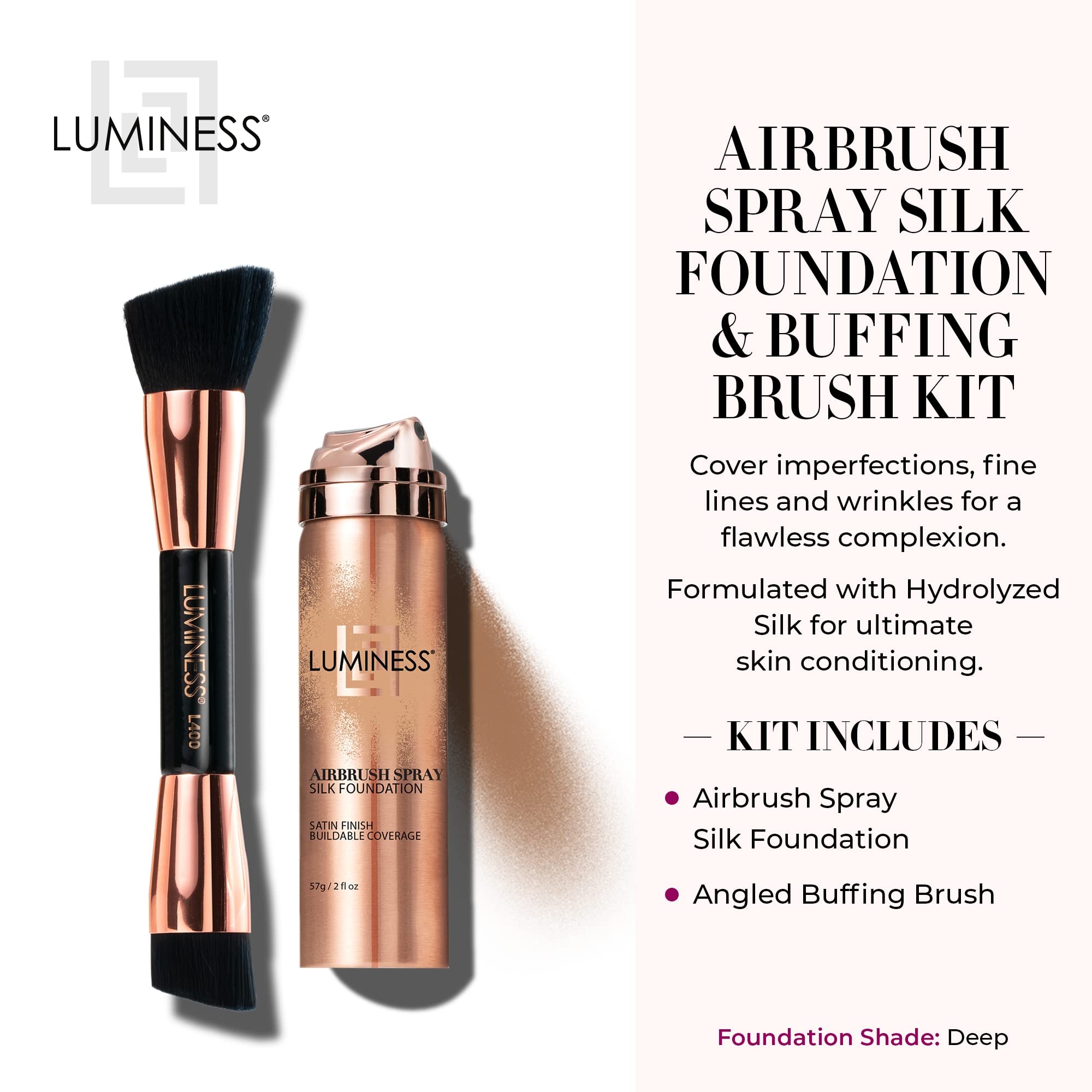 LUMINESS Silk Airbrush Spray Foundation & Buffing Brush Kit – Full Coverage Foundation & Dual-Sided Buffing Brush - Buildable Coverage, Anti-Aging Formula Hydrates & Moisturizes (Shade - Deep)