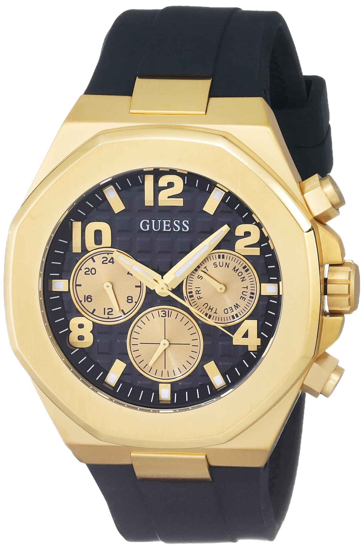 GUESS Men's 46mm Watch - Black Strap Black Dial Two-Tone Case