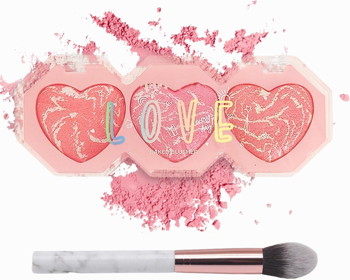 NALACAL Blusher Palette with Brush, 3-in-1 Baked Powder Blush for Cheeks – Natural-Looking, a Radiant Long-Lasting Natural Glowing, Smudge-Proof, Skin-Friendly, and Easy to Blend (Pink)