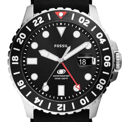 Fossil Men's Blue GMT Stainless Steel and Silicone Dual Time Watch, Color: Black Silicone (Model: FS6036)