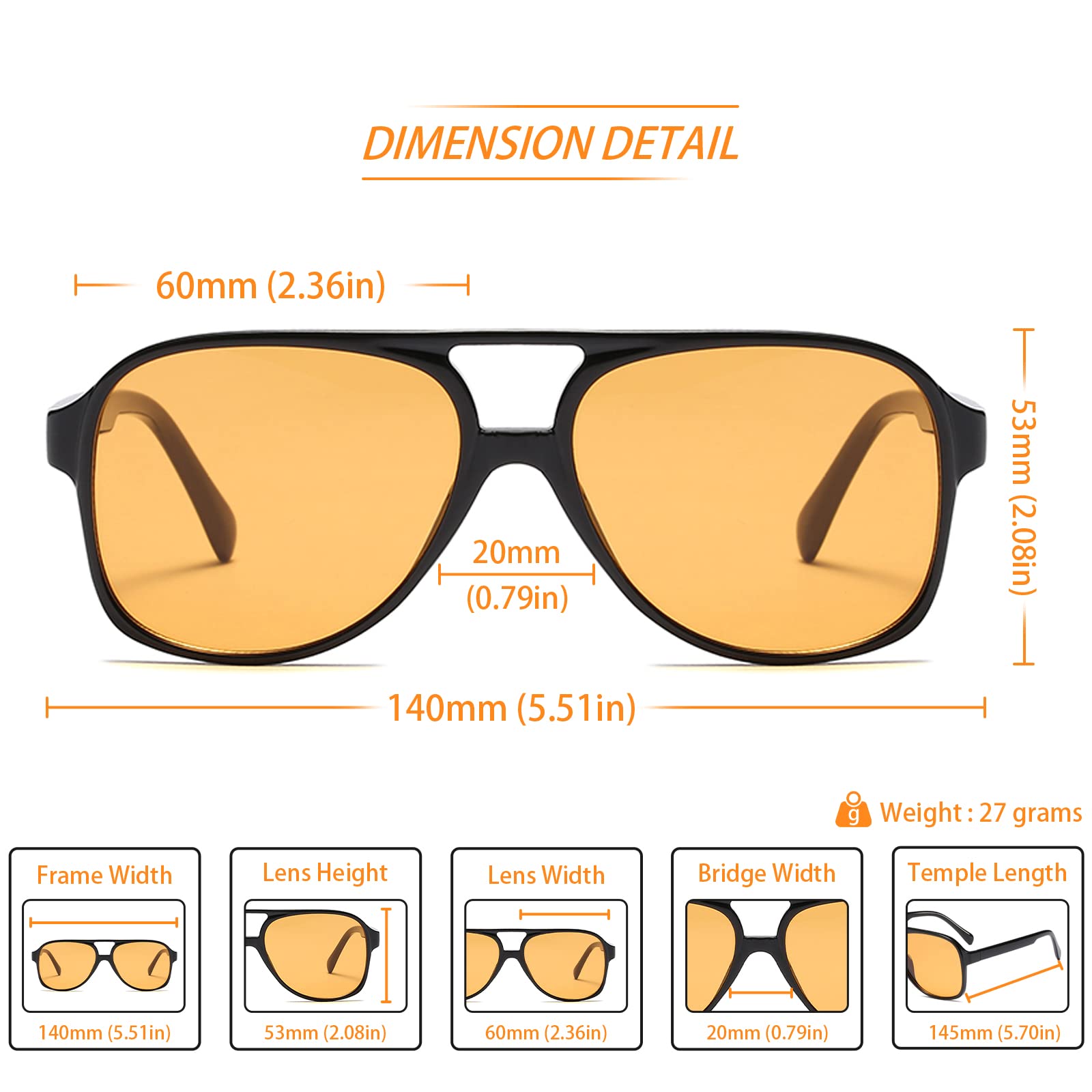 Freckles Mark Vintage Retro 70s Sunglasses for Women Men Classic Large Squared Aviator Frame UV400 Trendy Orange Glasses