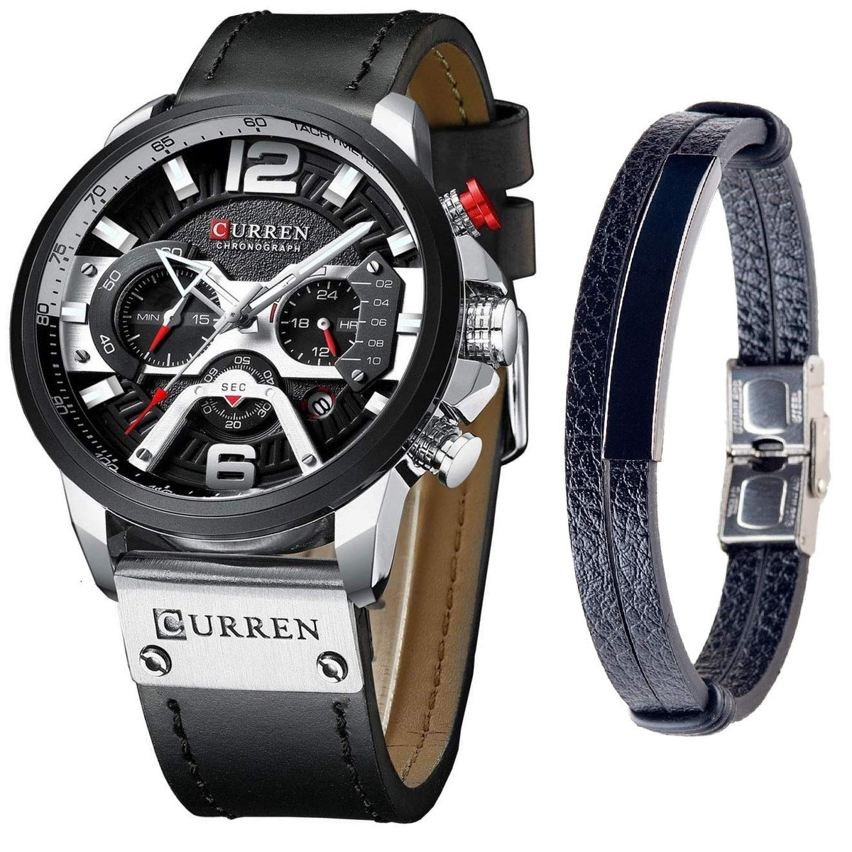 CURREN Watches Men Quartz Leather Chronograph Watch and Fashion Bracelet Set Blue Watches for Men Luxury Wristwatch Gifts (Black)