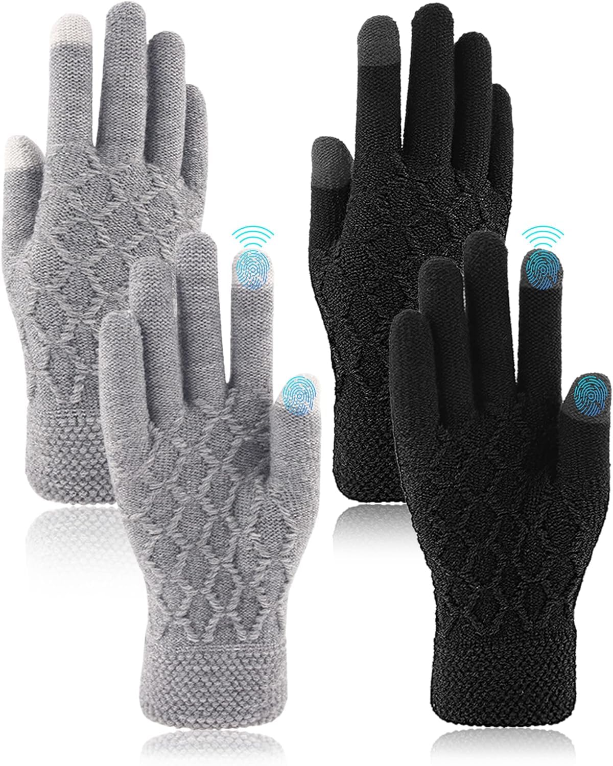 Azonee Winter Thermal Touchscreen Gloves, Warm Knit Gloves for Men Women, Thick Fleece Gloves Cycling Gloves with Soft Lining, Elastic Cuff Windproof Outdoors Gloves 2 Pairs - Black and Grey