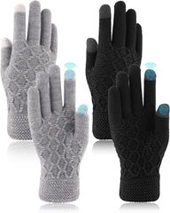 Azonee Winter Thermal Touchscreen Gloves, Warm Knit Gloves for Men Women, Thick Fleece Gloves Cycling Gloves with Soft Lining, Elastic Cuff Windproof Outdoors Gloves 2 Pairs - Black and Grey