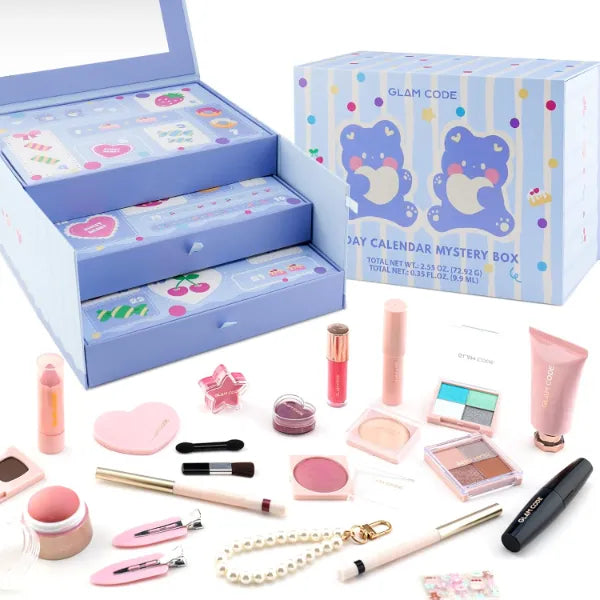 Glam Code 24 Day Makeup Advent Calendar 2025, Beauty Makeup Gift Set for Teen Girls & Adlut Women, Christmas Countdown Calendar Holiday Surprise Full Cosmetic Kit (Blue)