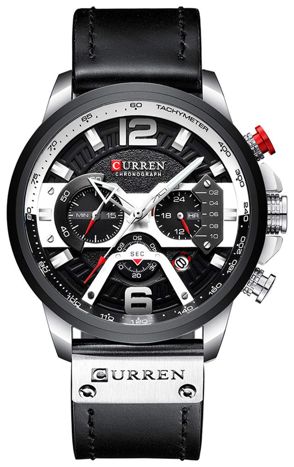 CURREN Mens Leather Watch Chronograph Fashion Military Multi-Function Waterproof Quartz Watch Leather Strap (Silver) (Black)