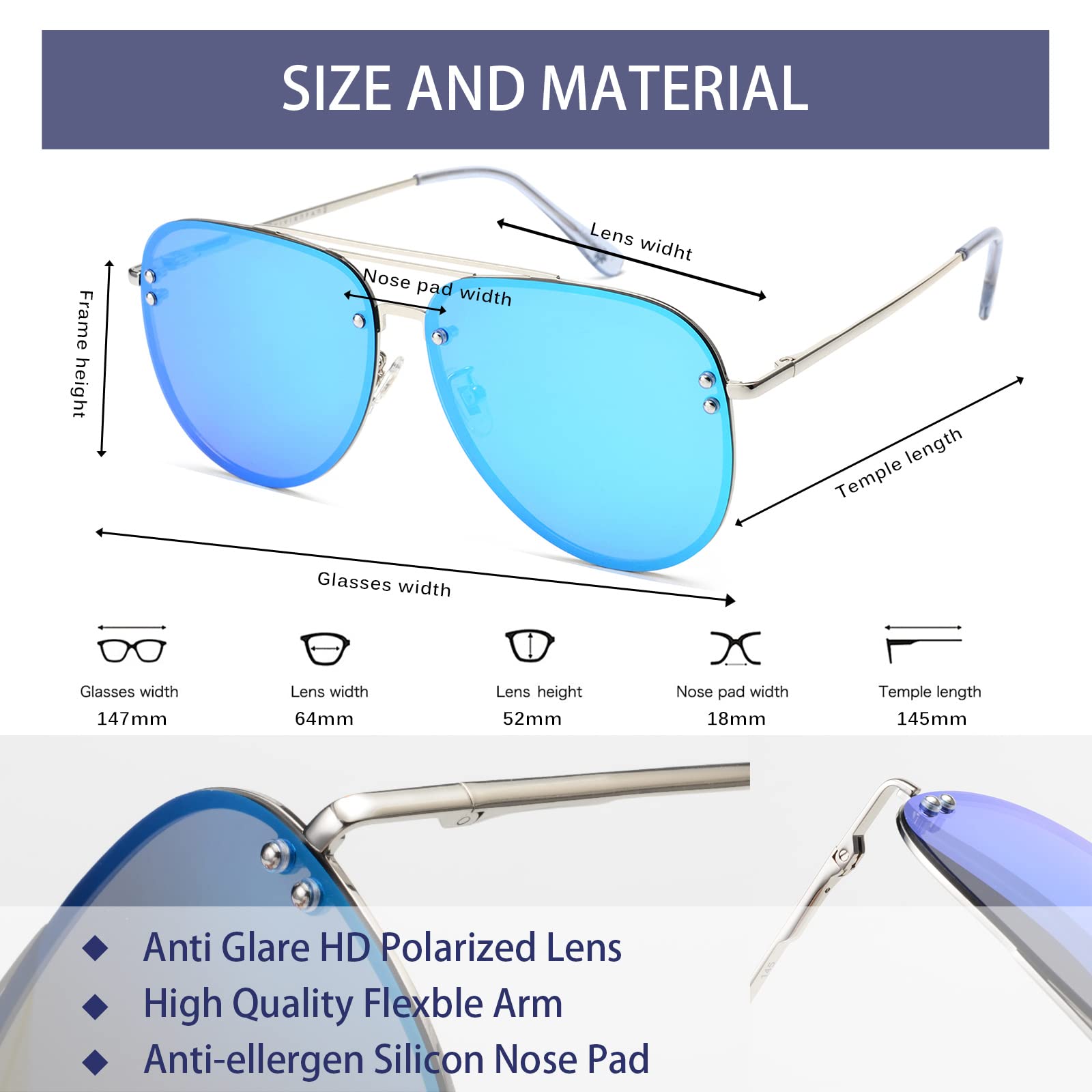 VIVIENFANG Premium Rimless Oversized Aviator Sunglasses for Women, Polarized PC Lens UV Protection Womens Shade VF2203