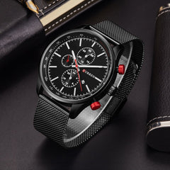 CURREN Men's Chrono Watch Black Stainless Steel Case Black Dial 3 Subdial Calendar Window Black Stainless Steel Bracelet
