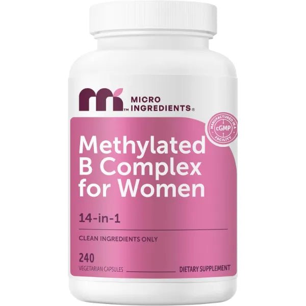 Micro Ingredients Methylated B Complex for Women, 240 Vegetarian Capsules | Activated B Vitamins with Methylfolate, Methyl B12, DIM & Inositol Complex | 14-in-1 Bioactive B Vitamin Formula
