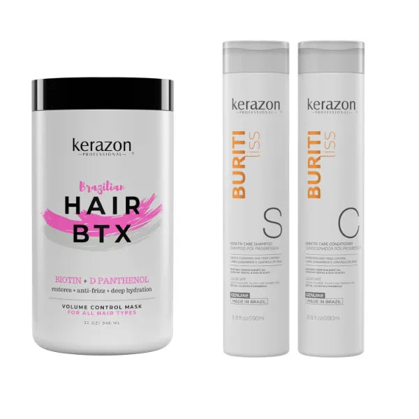 Kerazon Professional Brazilian Hair BTX Treatment For All Hair Types + Sulfate Free and Sodium Free Shampoo & Conditioner KIT