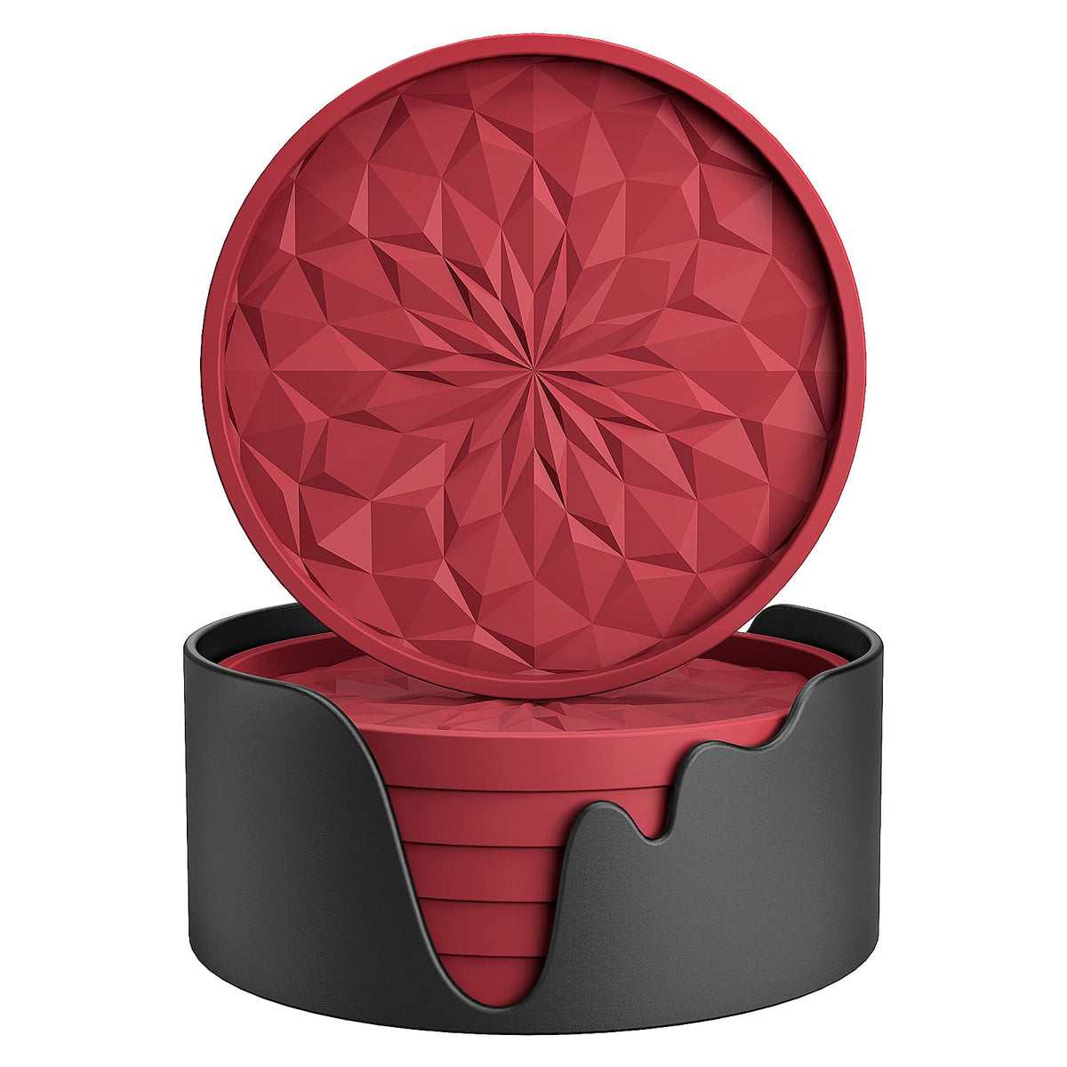 ME.FAN Silicone Coasters with Holder,[6 Pack] Drinking Coasters - Cup Mat for Hot or Cold Drinks, Thickened, Non-Slip, Non-stick,Deep Tray Wine Red