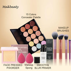 Makbeaty Facial and Lip Set,Holiday Makeup Gift Set Include15 Color Concealer Palette, Makeup Brush, Makeup Powder, Makeup Sponge, Smooth and Blur Primer.