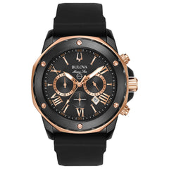 Bulova Marine Star Chronograph Men's Silicone Strap Watch - Black IP/ Rose Gold Accents
