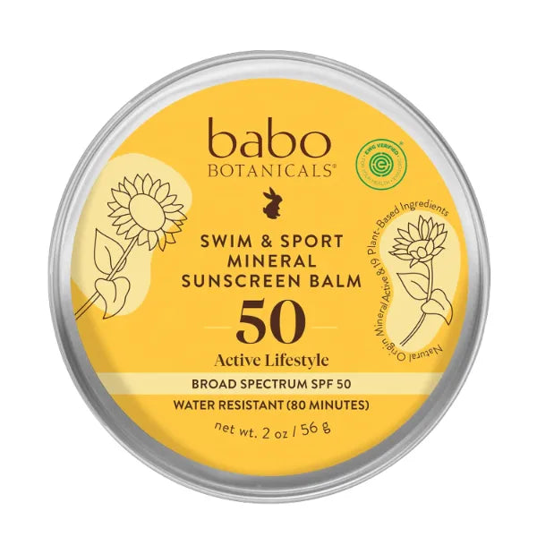 Babo Botanicals Swim & Sport Mineral Sunscreen Balm SPF50 - Natural Zinc Oxide - For Face & Body - For all Ages - Cruelty-Free - Fragrance-Free - Water Resistant, 2 Oz