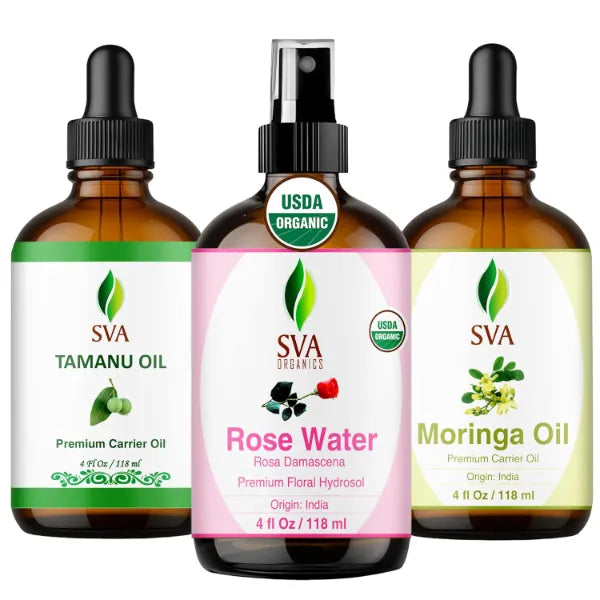 SVA ORGANICS Rose Water, Tamanu and Moringa Carrier Oil 4 oz Bundle – Premium Grade Bundle Set for Hair Oiling, Scalp Massage, Hair Care, Face, Skin Care and Body Massage