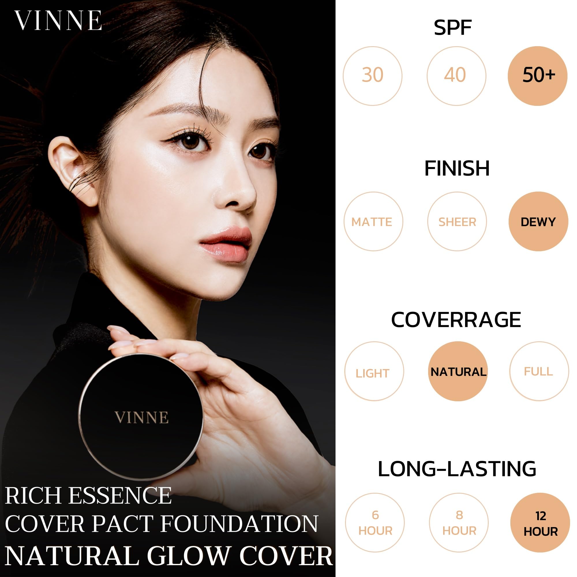 VINNE Korean Cushion Foundation, Lightweight, Essence Makeup Natural and Dewy Finish, 12-Hour Lasting Effect, 0.42 Oz- #21 Light Beige (Refill Not Included)