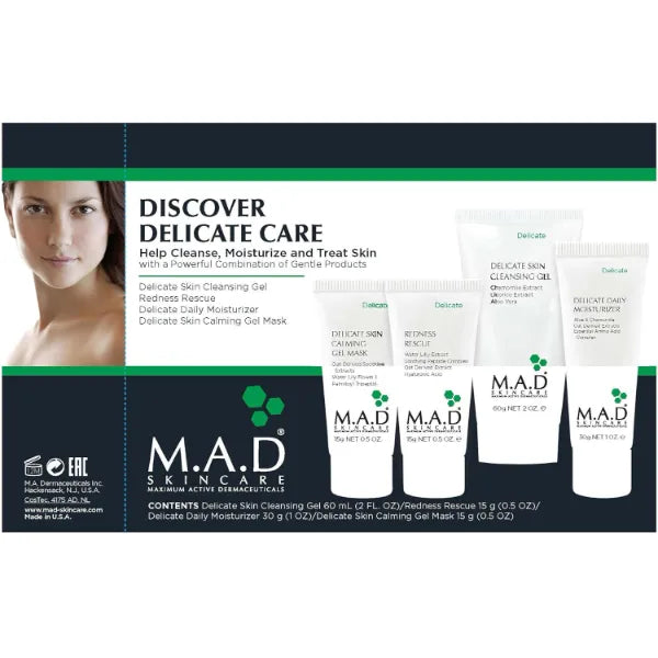 M.A.D Skincare Discover Delicate Care Set – Complete Sensitive Skin Regimen with Gentle Cleansing Gel, Redness Rescue, Daily Moisturizer & Calming Gel Mask – Hydrates & Soothes Irritated Skin