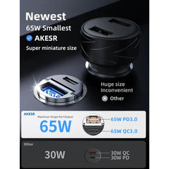 65W USB C Car Charger Fast Charging，12V USB Outlet Accesorios para Carro，Compact Cigarette Lighter Adapter，Car Phone Charger for iPhone/16/15/14/13/12 Samsung S25 S24 S23Google Android