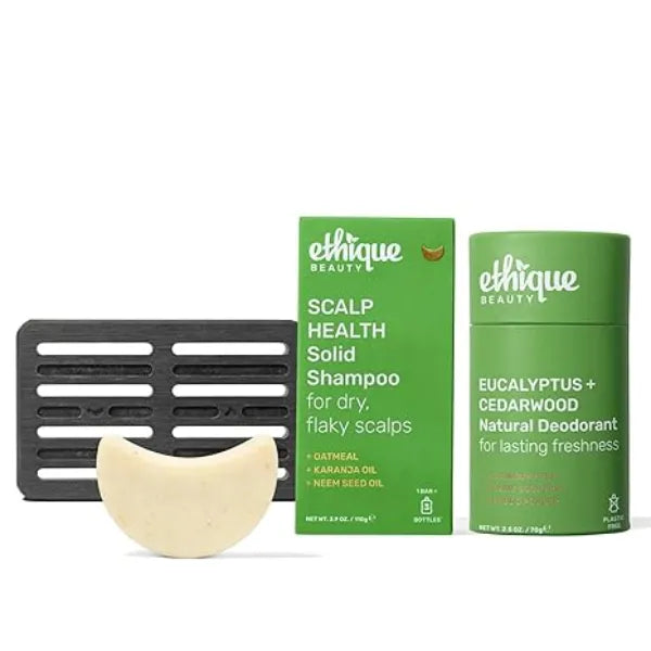 Ethique Beauty Men Shampoo & Deodorant Set Scalp Health Shampoo + Eucalyptus & Cedarwood Deodorant Stick + Haircare Storage Tray Set Plastic Free