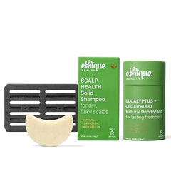 Ethique Beauty Men Shampoo & Deodorant Set Scalp Health Shampoo + Eucalyptus & Cedarwood Deodorant Stick + Haircare Storage Tray Set Plastic Free