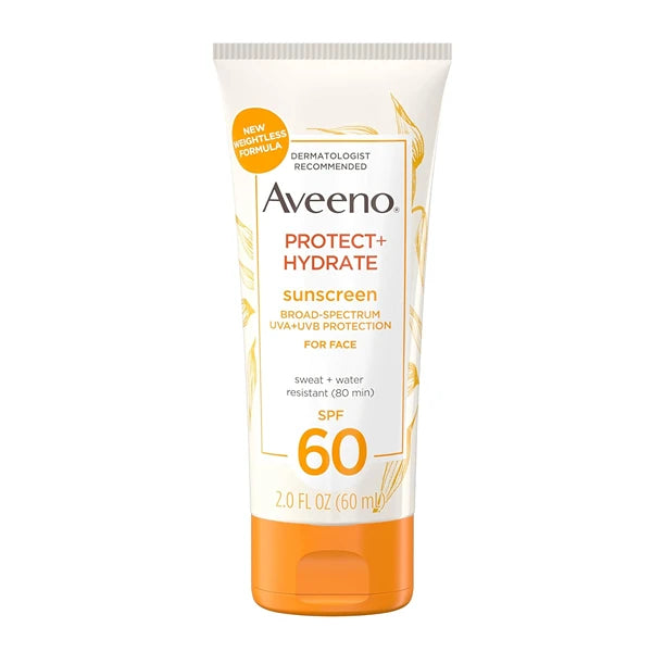 Aveeno Protect + Hydrate Face Sunscreen, SPF 60 Broad Spectrum, for Sensitive Skin, Travel Size, Water Resistant (80 minutes), Paraben, Oxybenzone & Oil Free, 2 fl oz