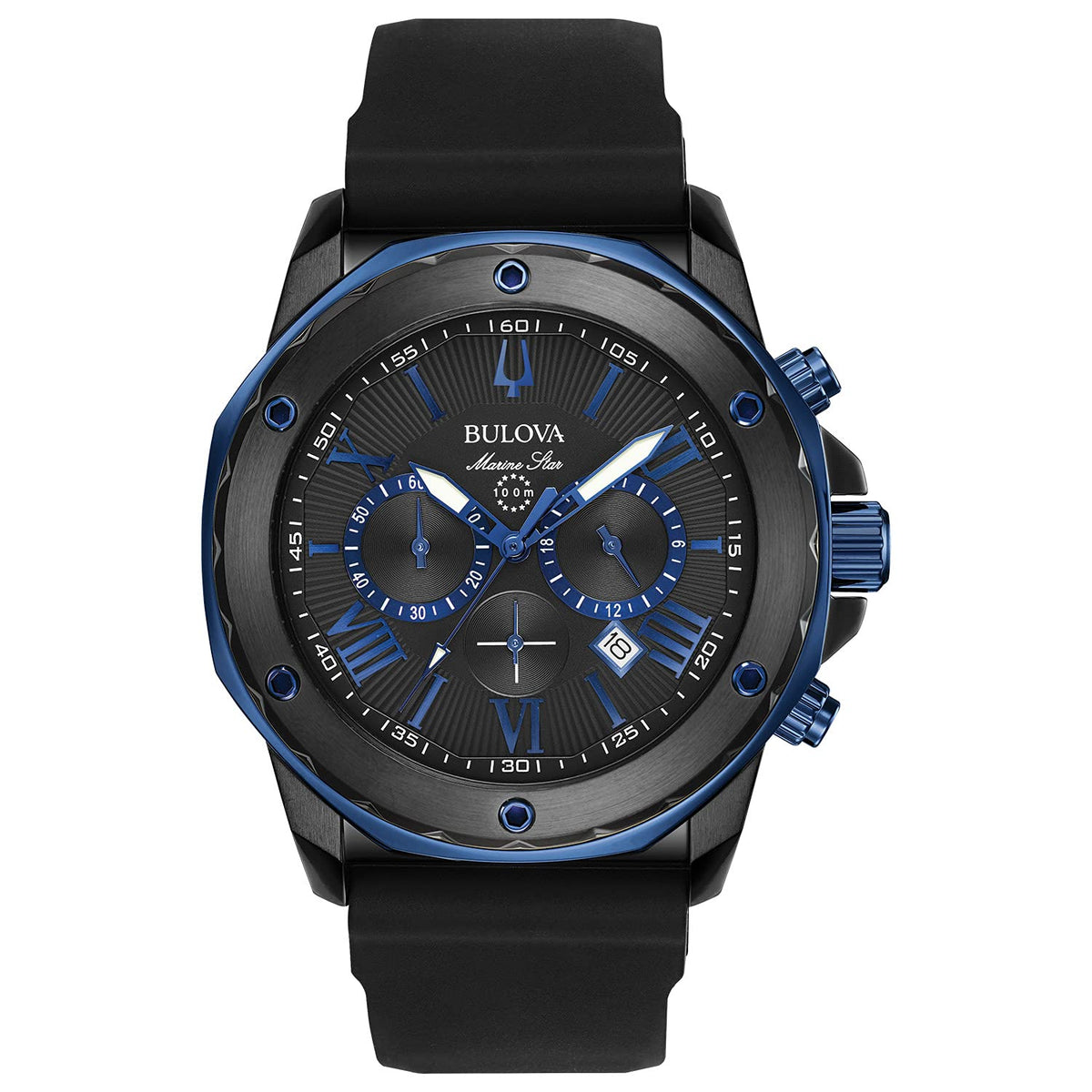 Bulova Marine Star Chronograph Men's Silicone Strap Watch - Black IP/Blue Accents