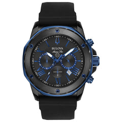 Bulova Marine Star Chronograph Men's Silicone Strap Watch - Black IP/Blue Accents