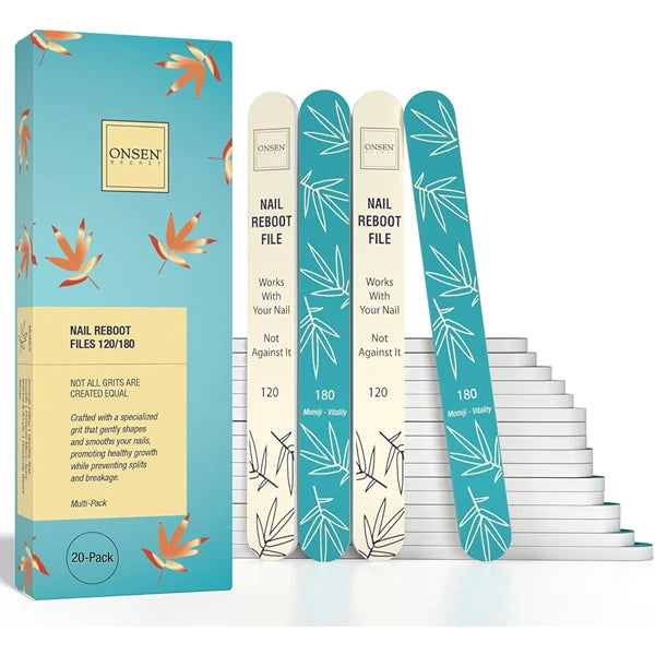 Onsen Secret Japanese Nail File - Professional 20-Pack Nail Files, Double Sided Natural & Acrylic Filers - 120/180 Grit - Disposable, Salon Smooth | Best Onsen File for Shiny Nails