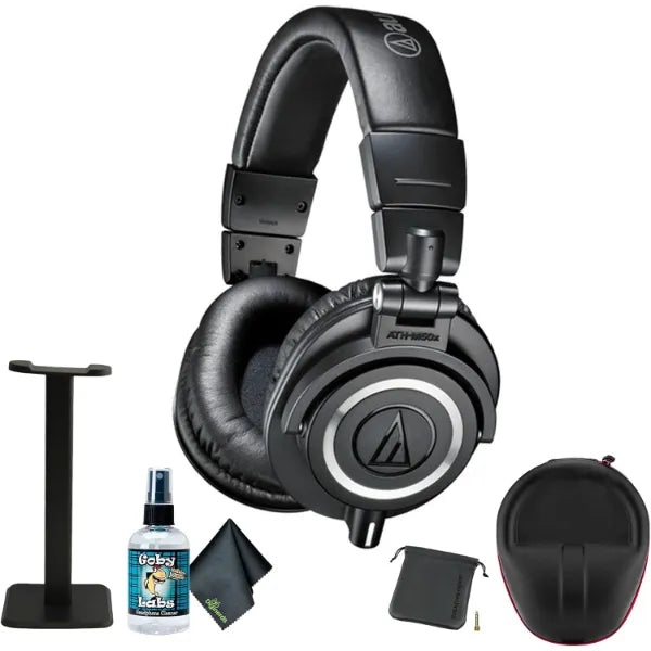 Audio-Technica ATH-M50x Professional Studio Monitor Headphones, Black + Microfiber Cleaning Cloth + Headphone Stand + Headphone CASE + Goby Labs Headphone Cleaner 4 fl oz
