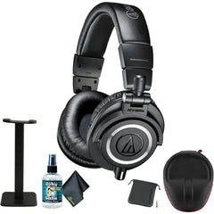 Audio-Technica ATH-M50x Professional Studio Monitor Headphones, Black + Microfiber Cleaning Cloth + Headphone Stand + Headphone CASE + Goby Labs Headphone Cleaner 4 fl oz