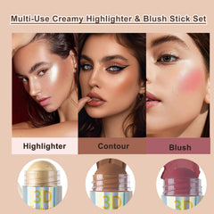 NALACAL 3 Pack Liquid Contour & Highlighter & Blush Makeup Set, Creamy Blush Stick for Cheeks & Lips, Long Lasting Waterproof Smooth Lightweight Multi Stick Face Makeup Set for All Skin