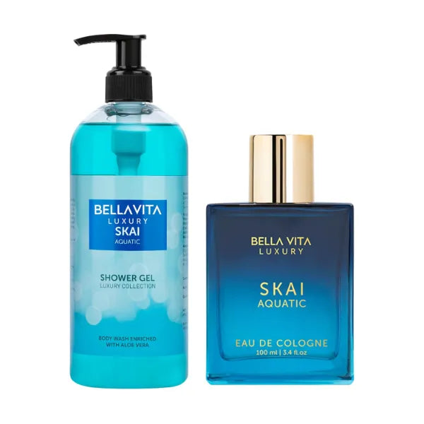 BellaVita Luxury Skai Aquatic Perfume & Body Wash Combo | Unisex Eau De Cologne with Bergamot & Pink Pepper (100ml) + Refreshing Oceanic Shower Gel with Aloe Vera (500ml) | Long-Lasting