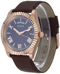 guess 42mm stainless steel day-date watch with coin edge bezel, brown/rose gold-tone, ns