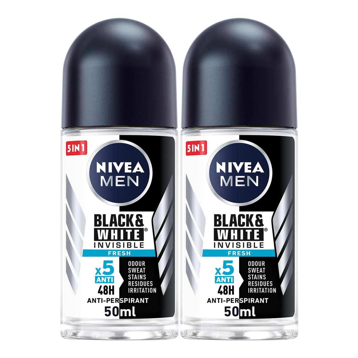 NIVEA MEN Antiperspirant Roll-on for Men, Black & White Invisible Protection Fresh, 2x50ml