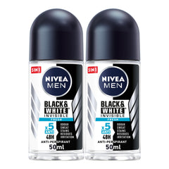 NIVEA MEN Antiperspirant Roll-on for Men, Black & White Invisible Protection Fresh, 2x50ml