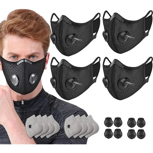 NBDIB 4 Pack Adjustable Reusable Face Protection with 8 Carbon Filters and 8 Valves for Cycling Sport Black