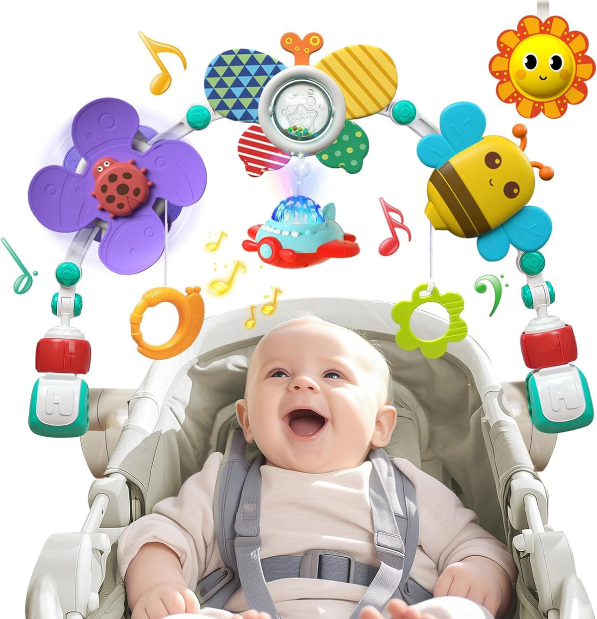 Musical Baby Stroller Arch Toys, Travel Car Seat Toys, Baby Play Arch Crib Accessory Toys,Travel Arch Bassinet Toys for Infant & Toddlers, Pram Activity Arch Bar Toys for Babies Infants ﻿