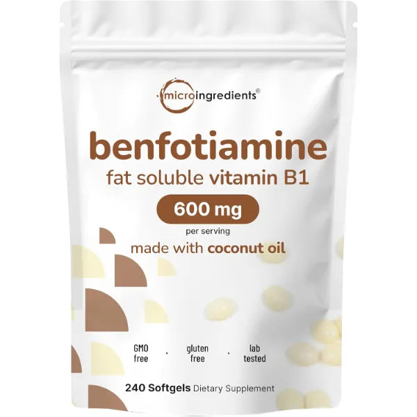 Micro Ingredients Vitamin B1 Benfotiamine 600mg Per Serving, 240 Coconut Oil Softgels | Bioavailable B Vitamins Supplement, Converted to Active Thiamine | Non-GMO, Soy Free