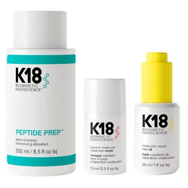 K18 Detox & Repair Bundle - Leave-In Repair Hair Mask, 4-Minute Speed Treatment(15ml), Color Safe Detox Clarifying Shampoo (8.5oz) to remove build up, and Weightless Hair Strengthening Oil (30ml)