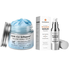 HealthyDerm Copper Peptides Blue Balm Tallow Moisturizer (2 oz) + Super Vitamin C Serum (1 oz) — Even-Looking, Comfortable Skin Routine — For Dry/Mature/Sensitive Skin