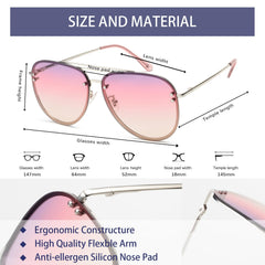 VIVIENFANG Premium Rimless Oversized Aviator Sunglasses for Women, Polarized PC Lens UV Protection Womens Shade VF2203