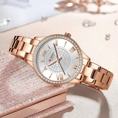 Curren Fashion Casual Luxury Quartz Women's Watches Waterproof Automatic Watches Original Design Elelgant Lover's Gift Diamond Gold Women's Watch (ROSE WHITE)