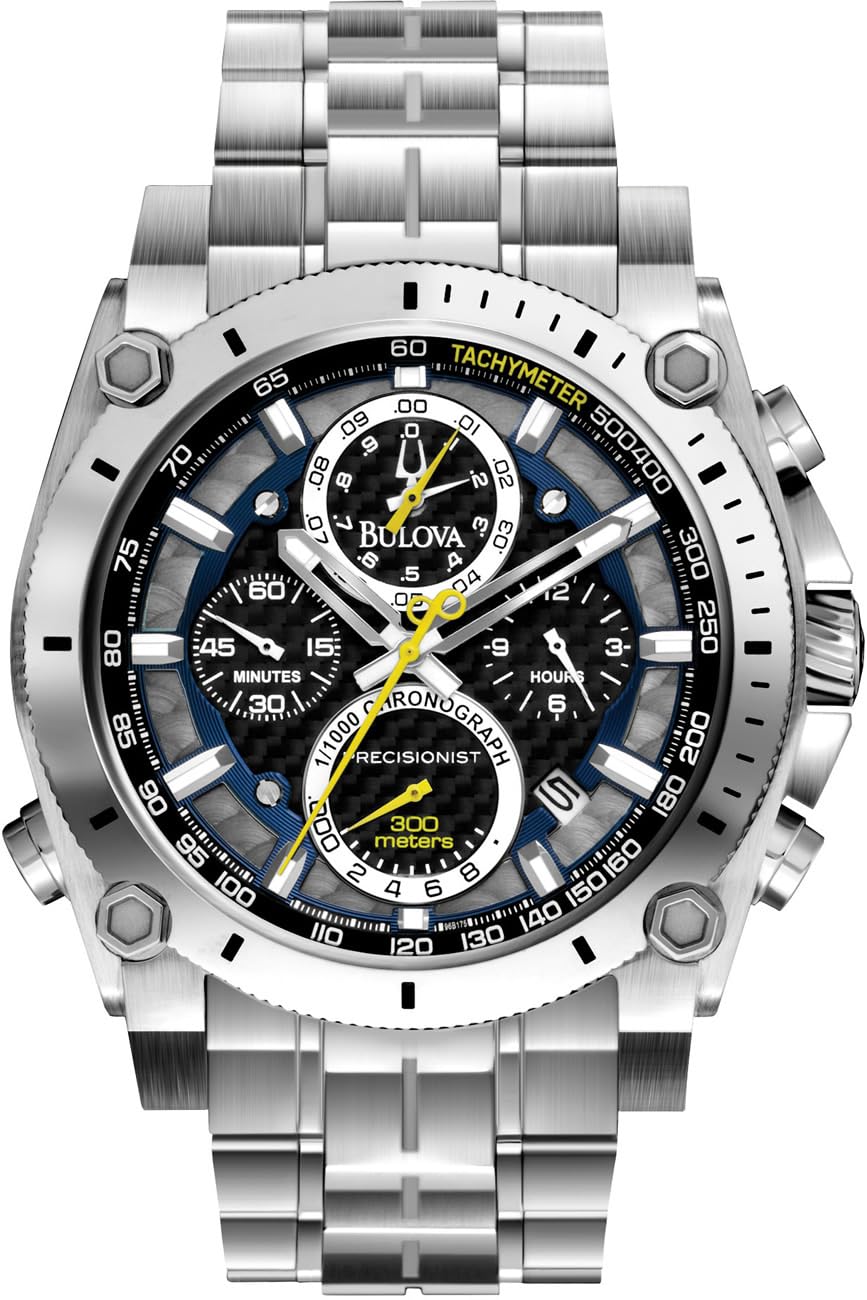 Bulova Men's Icon High Precision Quartz Chronograph Watch, Curved Mineral Crystal, 300m Water Resistant, Continuous Sweeping Secondhand, Luminous Markers - Silver