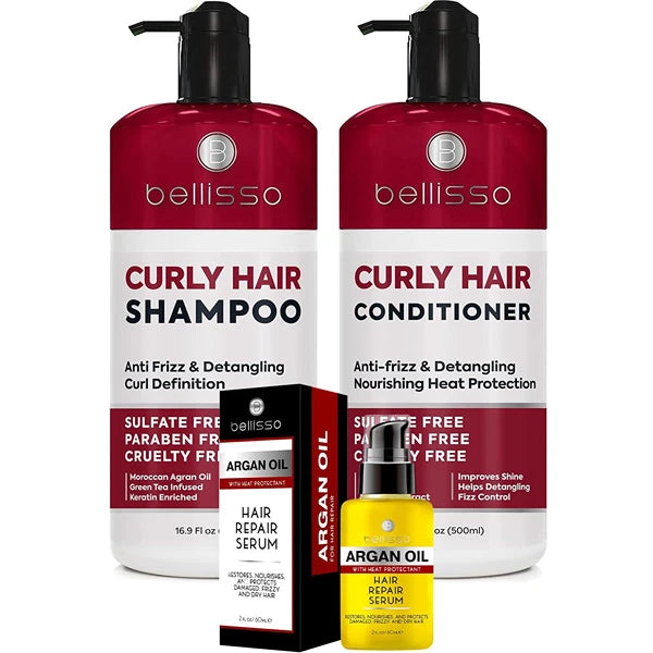 BELLISSO Curly Hair Shampoo and Conditioner Set and Moroccan Argan Oil Serum