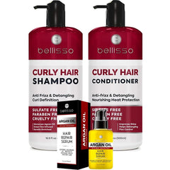 BELLISSO Curly Hair Shampoo and Conditioner Set and Moroccan Argan Oil Serum