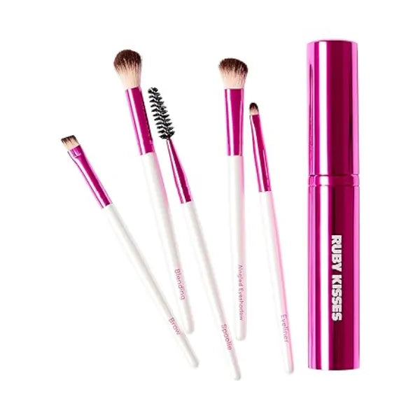 Ruby Kisses Makeup Brushes Travel Size Eye Makeup Brush Set with Case, Blending, Angled Eyeshadow, Eyebrow, Eyeliner Brush and Spoolie, Travel Friendly 5 PCS Set
