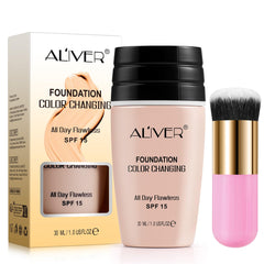 ALIVER Flawless Colour-Changing Full-Coverage Liquid Foundation SPF 15 for All Skin Tones with External Makeup Brush Pink