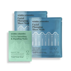 Wrinkles Schminkles Eye & Face Mask Bundle – Collagen Depuffing Eye Masks (5 Pairs) + Hydrating Facial Sheet Mask (1 Count) - Reduce Wrinkles, Puffiness & Brighten Skin